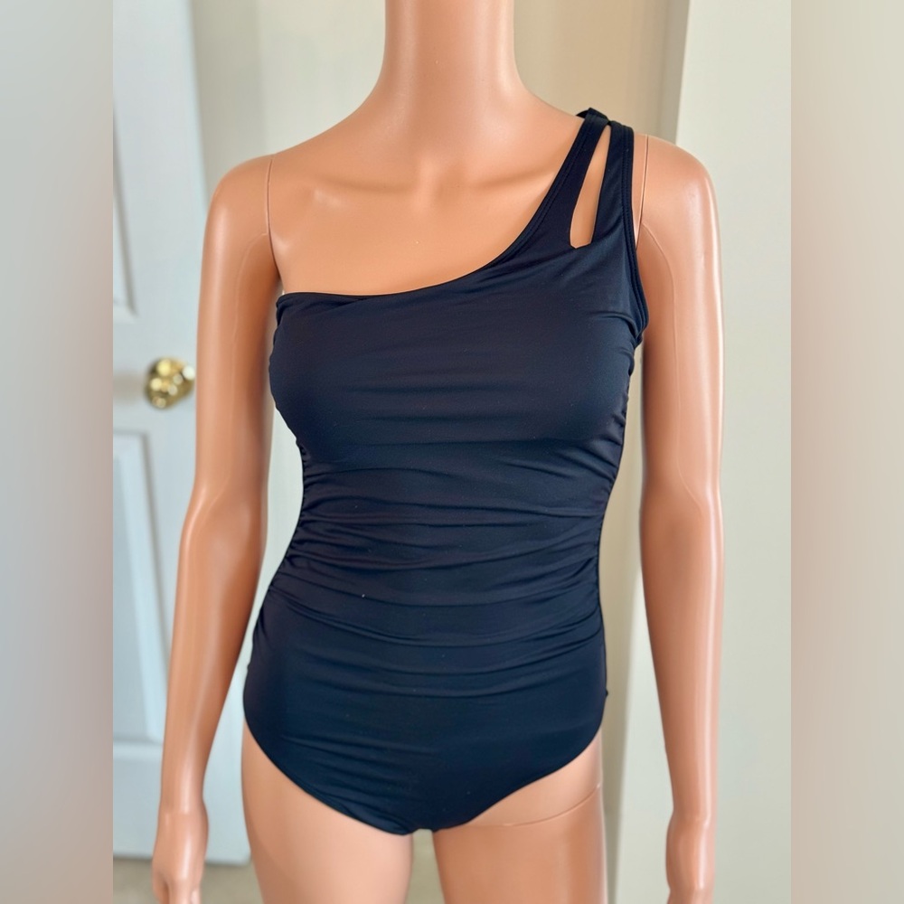 NWT Holipick Asymmetrical One Shoulder Ruched Black Swimsuit Brand New Sz Medium - Picture 3 of 9